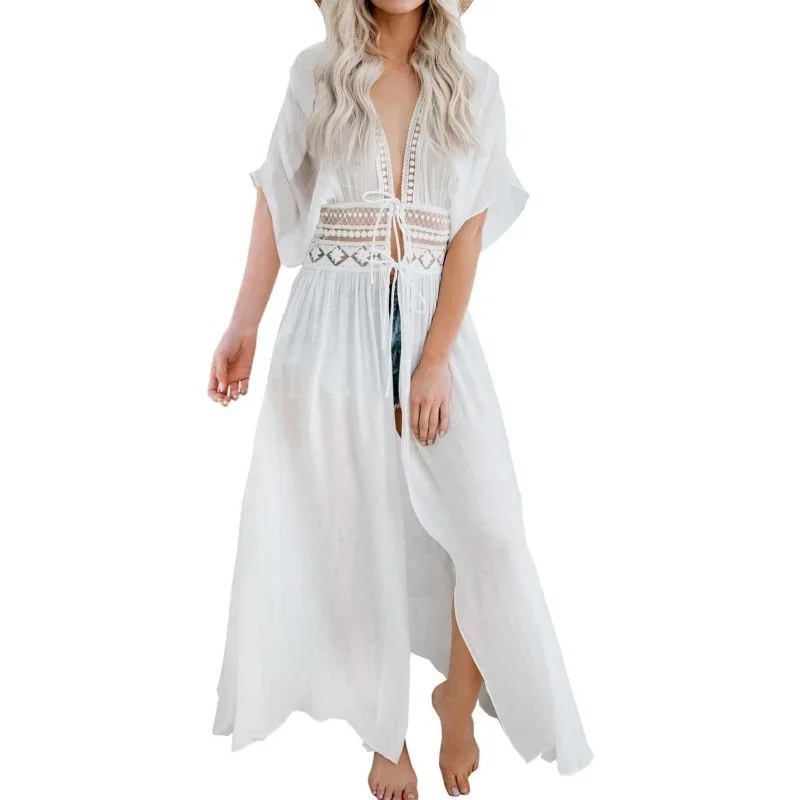 

Пляжная накидка с вырезом из кружева, женский однотонный свободный длинный кардиган с v-образным вырезом на шнуровке, праздничный купальный костюм, накидка на бикини