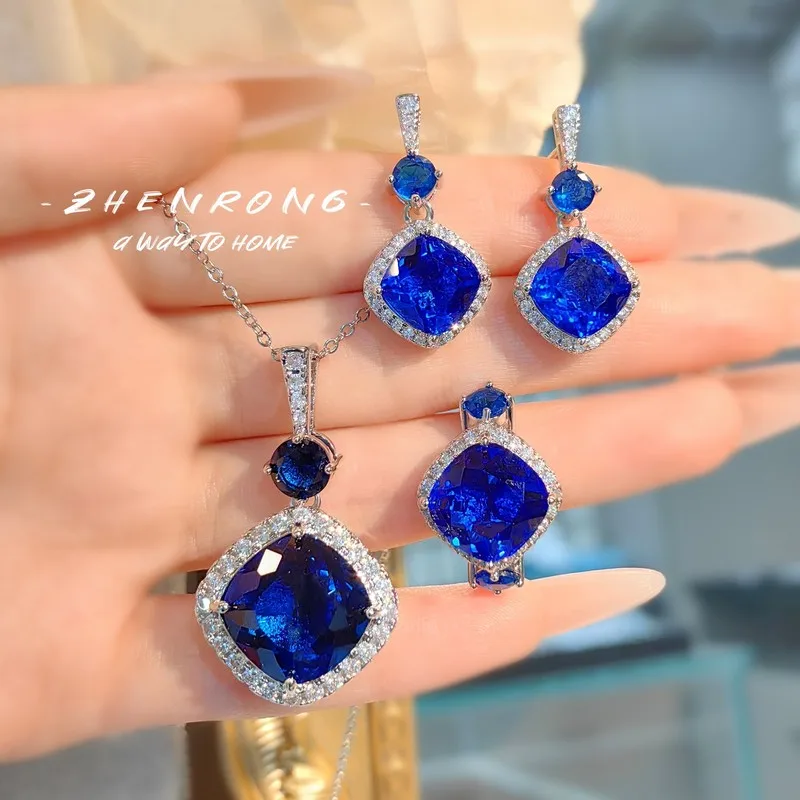 Simulated royal sapphire pendant bird's nest fancy colored gemstone stud earrings, Paraiba ring, green diamond set, women's jewe