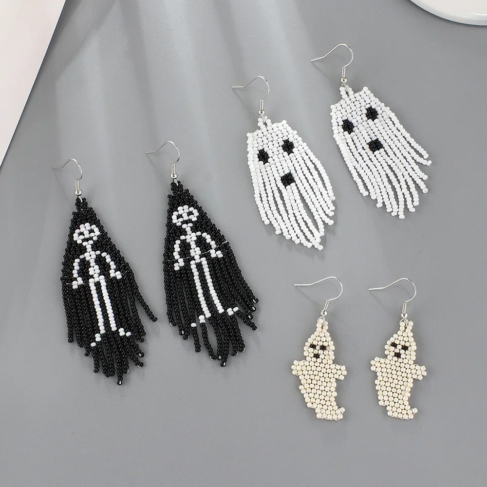 

Tassel Earrings Hand knitting Beaded Halloween originality human skeleton ghost Bohemia alloy ma'am Rice Bead Earrings