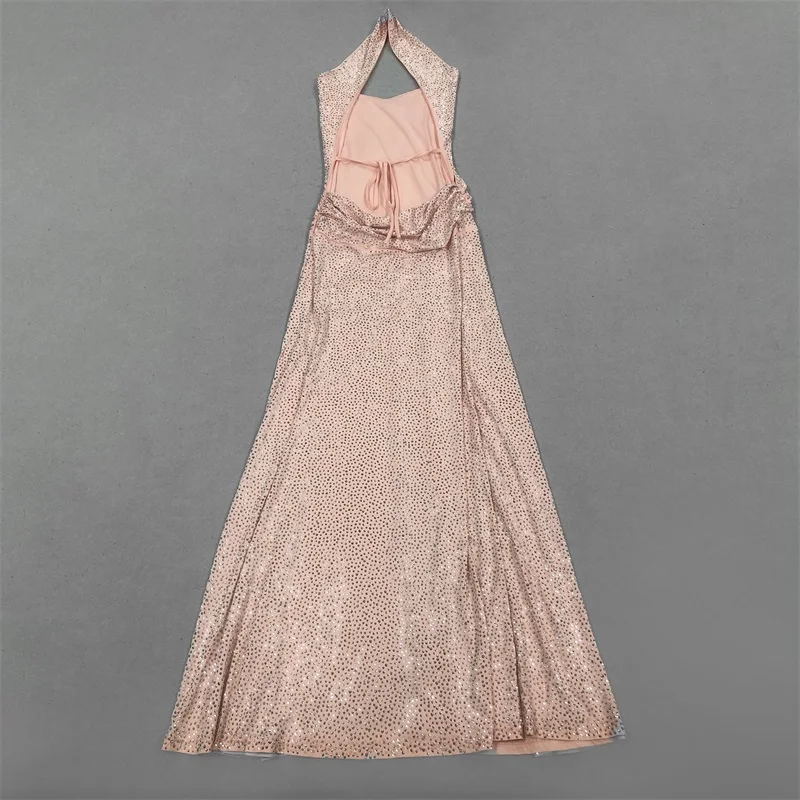 Vestido de fiesta rosa con cristales, sexy, con cuello en V, sin espalda, sin mangas, vestido largo formal para invitados de boda, vestido de novia con cordones en la espalda