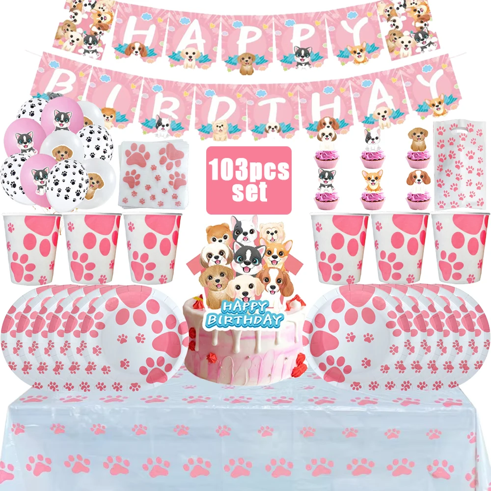 Pink Dog Paw Birthday Party Decor Disposable Tableware Gift Bag Backdrop Cake Topper Banner Plate for Kid Girl Party Supplie Set