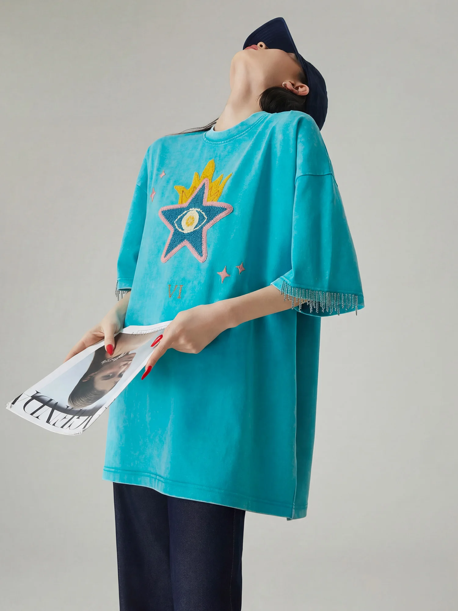 

Женская футболка с вышивкой Blue Star, круглым вырезом и коротким рукавом, свободного кроя, с заниженной линией плеч, универсальный топ для стройности