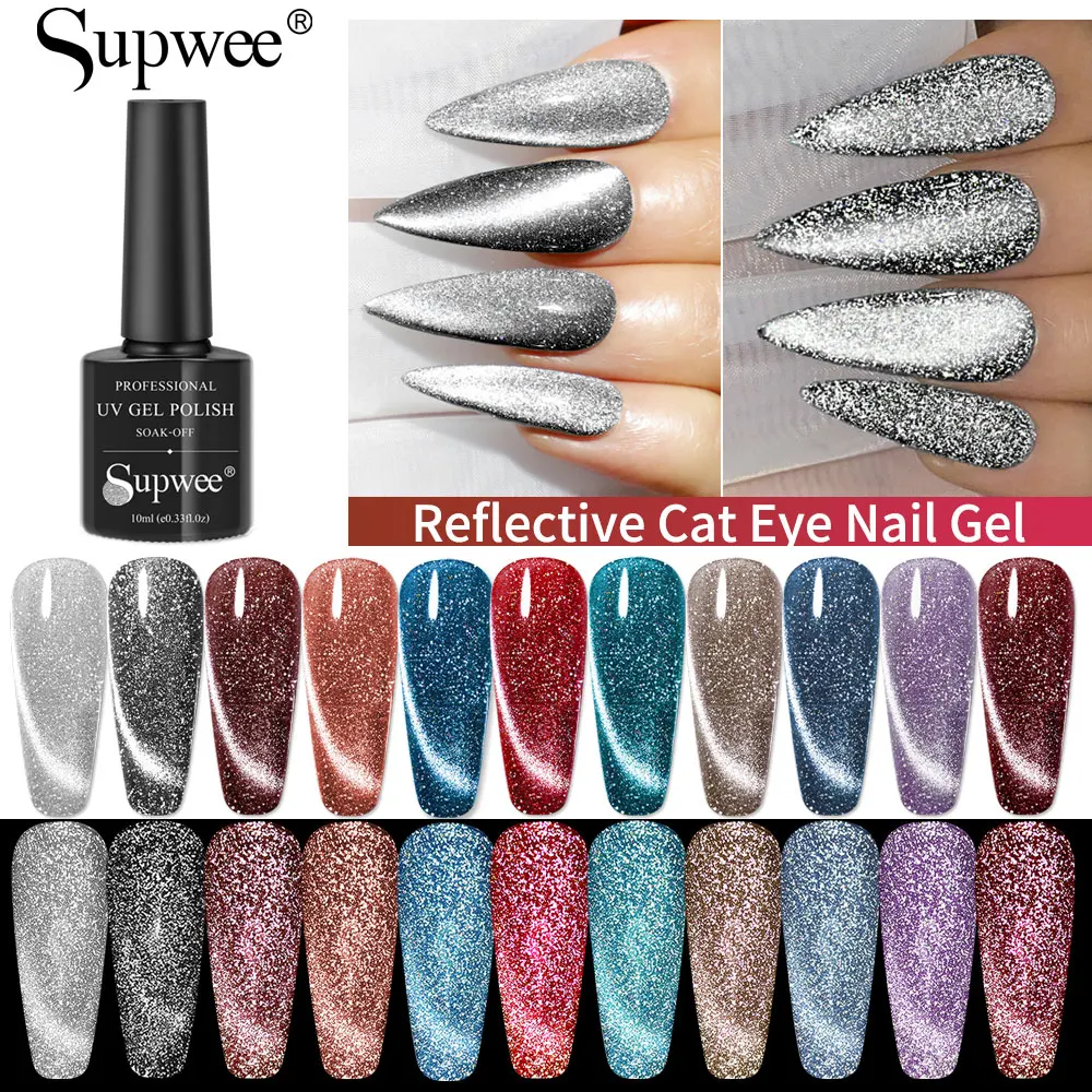 SUPWEE 10ml Reflective Cat Eye Gel Nail Polish  Magnetic Glitter Sparkling Cat Eye Gel Soak Off UV/LED Gel For Nail Art Varnish