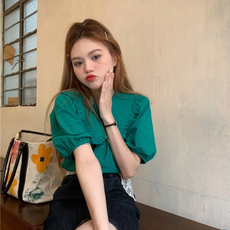 

Short Sleeve Shirts Womens Cute Peter Pan Collar Puff Blouse Girlish Sweet Preppy College Style Button Up Chic Summer