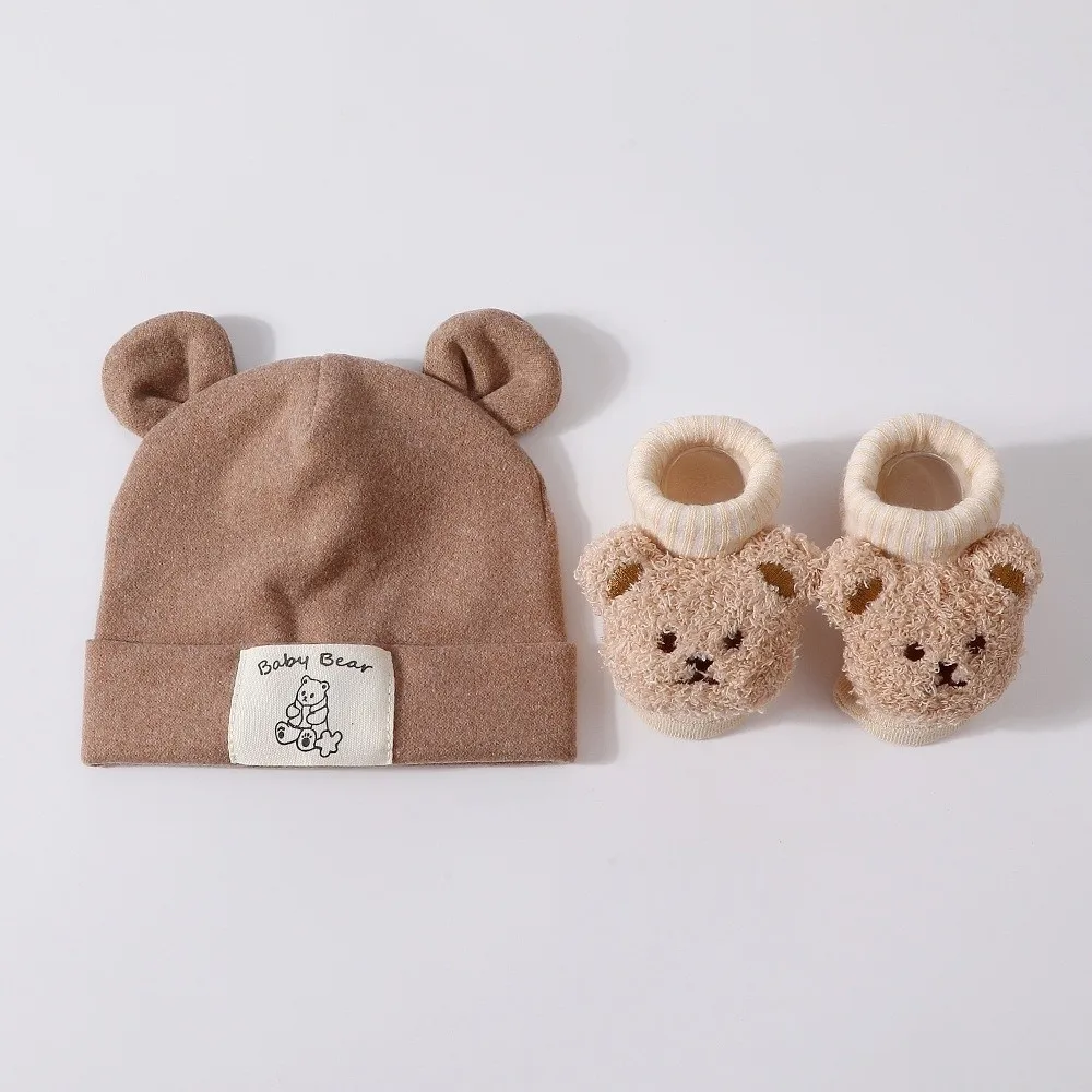 2Pcs/Set Cute Cotton Baby Hat Socks Set Soft Warm Bear Ear Beanie Cartoon Pullover Cap Prewalker Socks Autumn Winter view 5