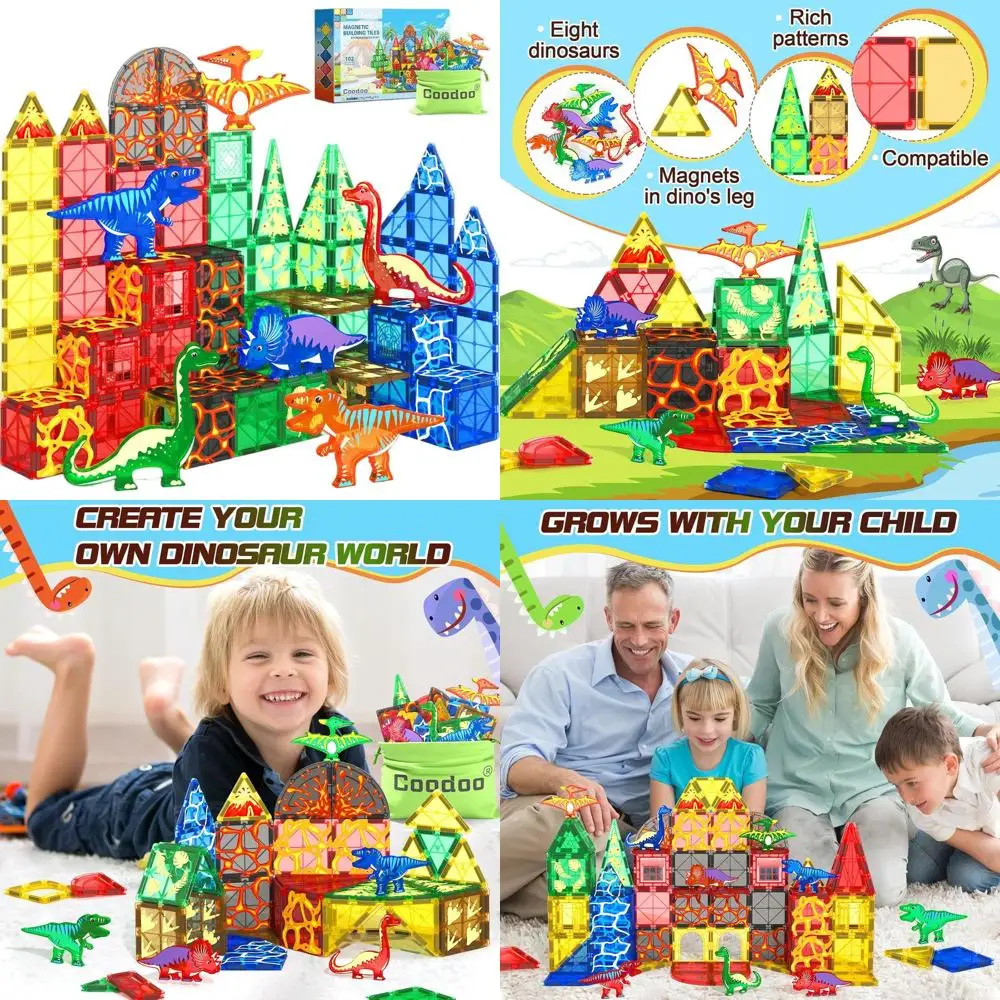 مجموعة مغامرات الديناصورات: بلاط مغناطيسي مكون من 102 قطعة مع 8 شخصيات للأعمار من 3 سنوات فما فوق للأطفال