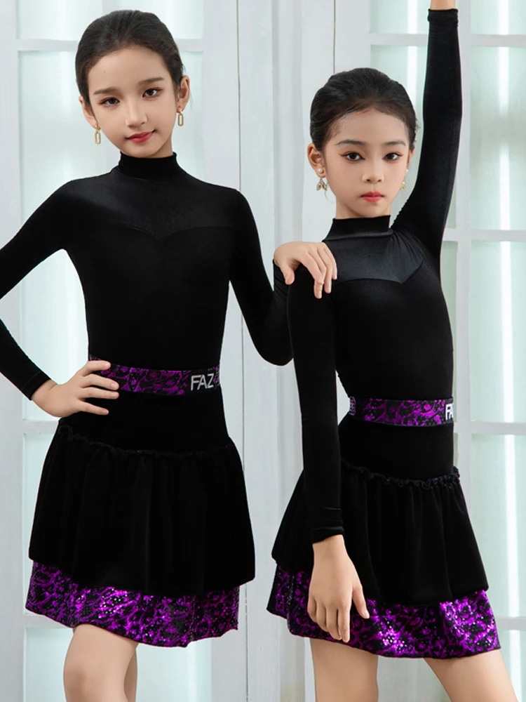 ชุดแสดงเต้นลาตินใหม่ปี 2025 สำหรับเด็กผู้หญิง แขนยาว กระโปรงผ่า ชุดชาช่า รุมบ้า แทงโก้ ชุดลาติน XH3800