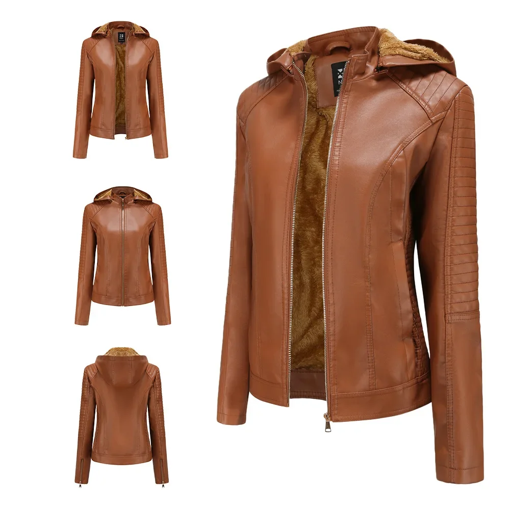 Faux Leather Women Coat Hooded Full Sleeve Slim Fit Solid Sexy Regular Jackets Zipper Casual Splice Coats Thick Warm Jacket