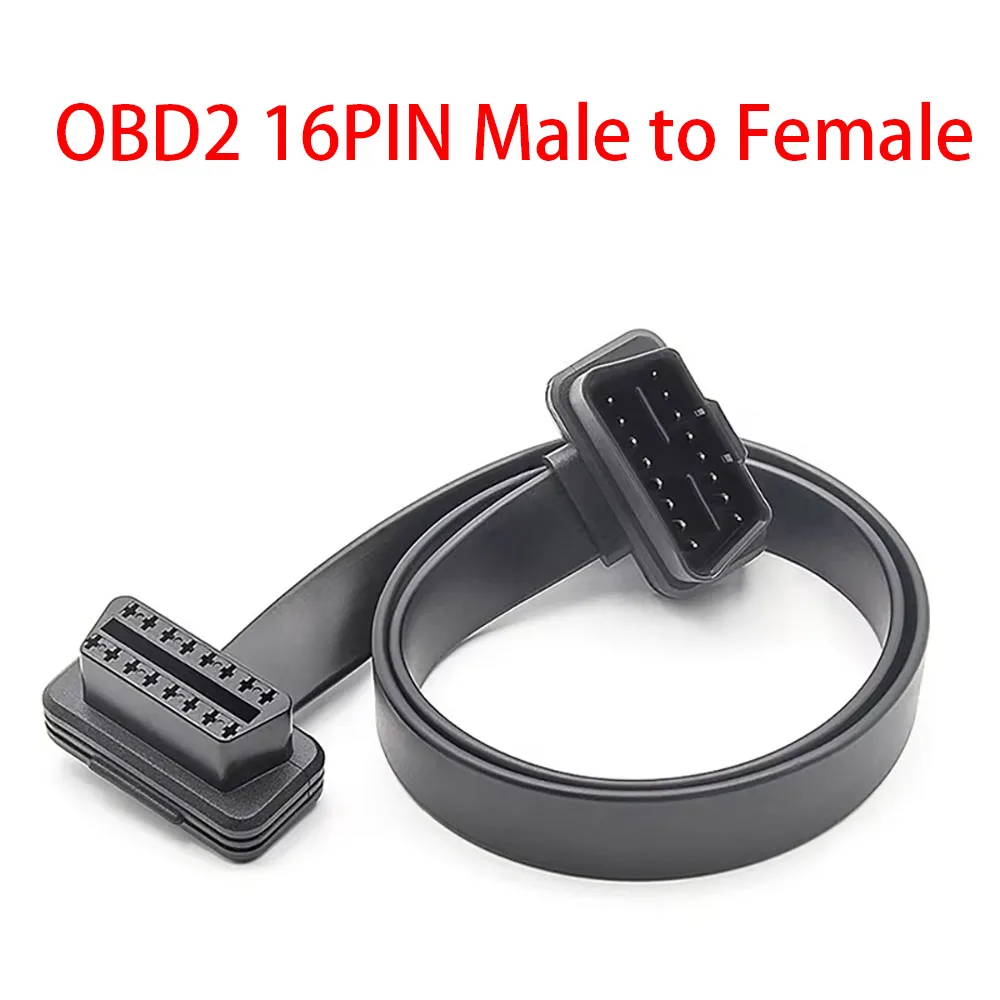 OBD2 Male To Female Elbow 16PIN Flat Socket Cable Car Scanner Extension Cable OBD Adapter Full Core Pin Full Line 60cm