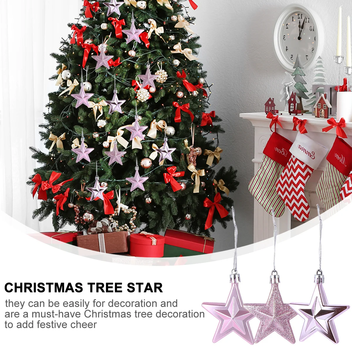 

18pcs Christmas Five-Pointed Star Decorations Plastic Hanging Ornament For Tree Home Party Holiday Xmas Decor Festive Supplies