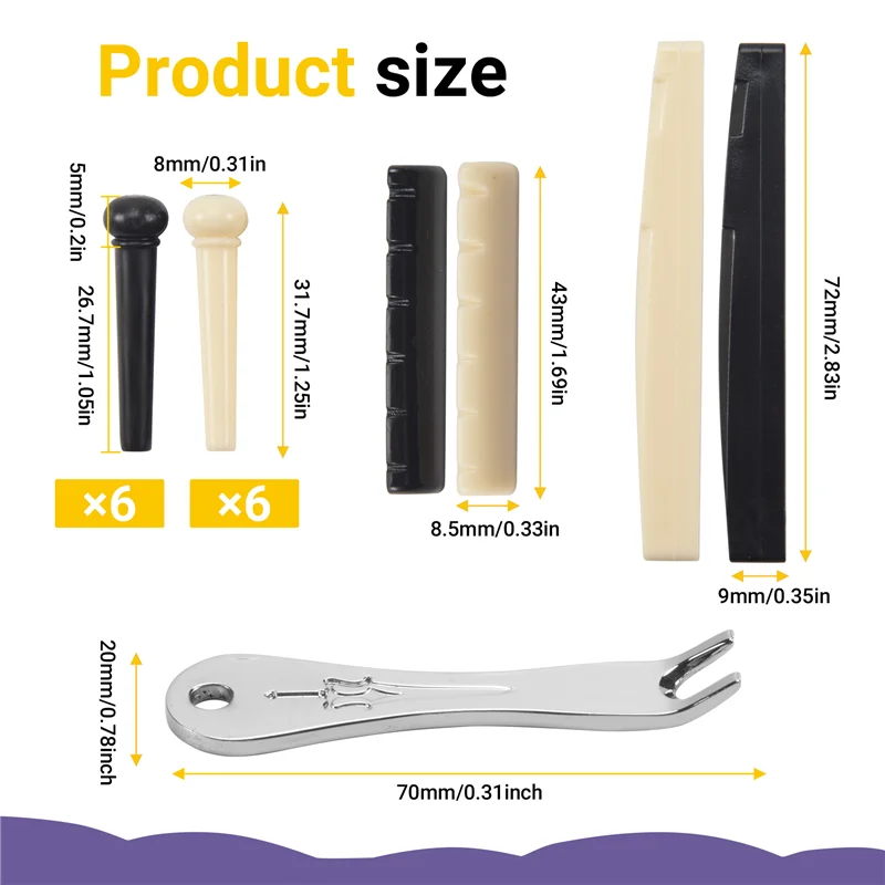 A69P-Guitar Bridge Pins Puller Pulling Remover Extractor Tool With 2 Pack Guitar Saddle Nut And 12 Pack Guitar Bridge Pins
