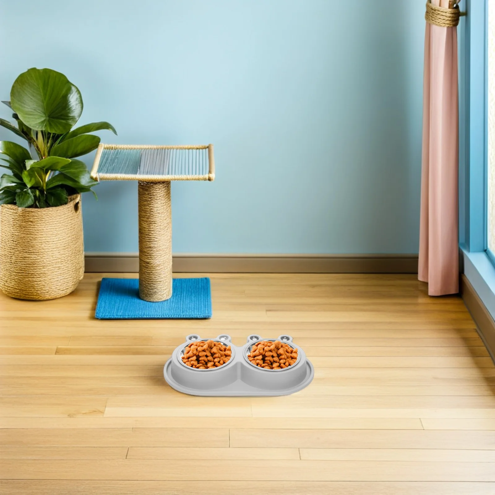 

Double Pet Feeder Bowl Cat Dog Bowl with Moat Stainless Steel Plastic Base Non Slip Feeding Dish for Small Medium Pets