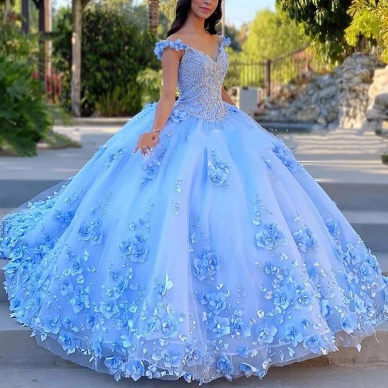 فساتين كوينسينيرا الرسمية باللون الأزرق من ANGELSBRIDEP Vestidos De Fiesta مع زهور ثلاثية الأبعاد مزينة بالخرز من على الكتف للفتيات