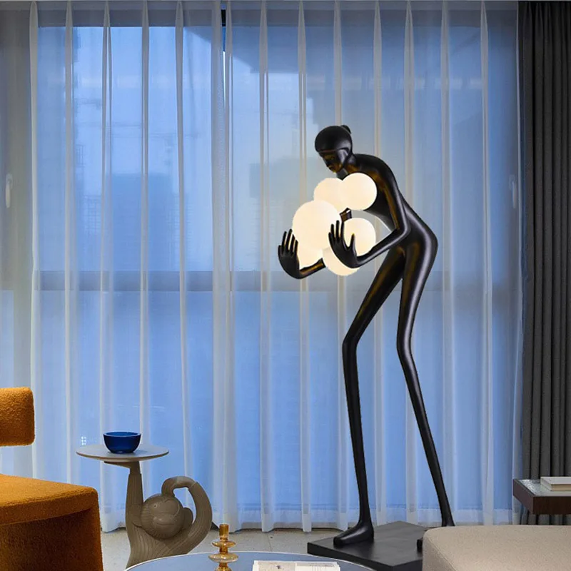 

Decor Art Human Artistic Large Ornaments Hotel Modern Catch the Acrylic Ball Fiberglass Sculpture Floor Lamp