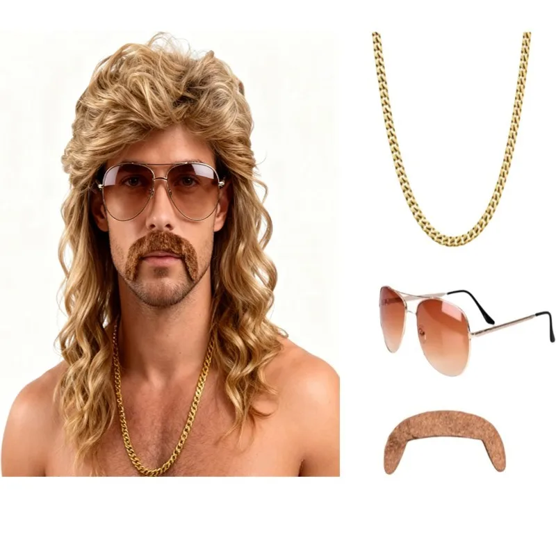80s Mullet Wig for Men, Brown Long Straight Hippie Rocker Hair with Accessories, 1980s 1990s Halloween Costume Full Headpiece