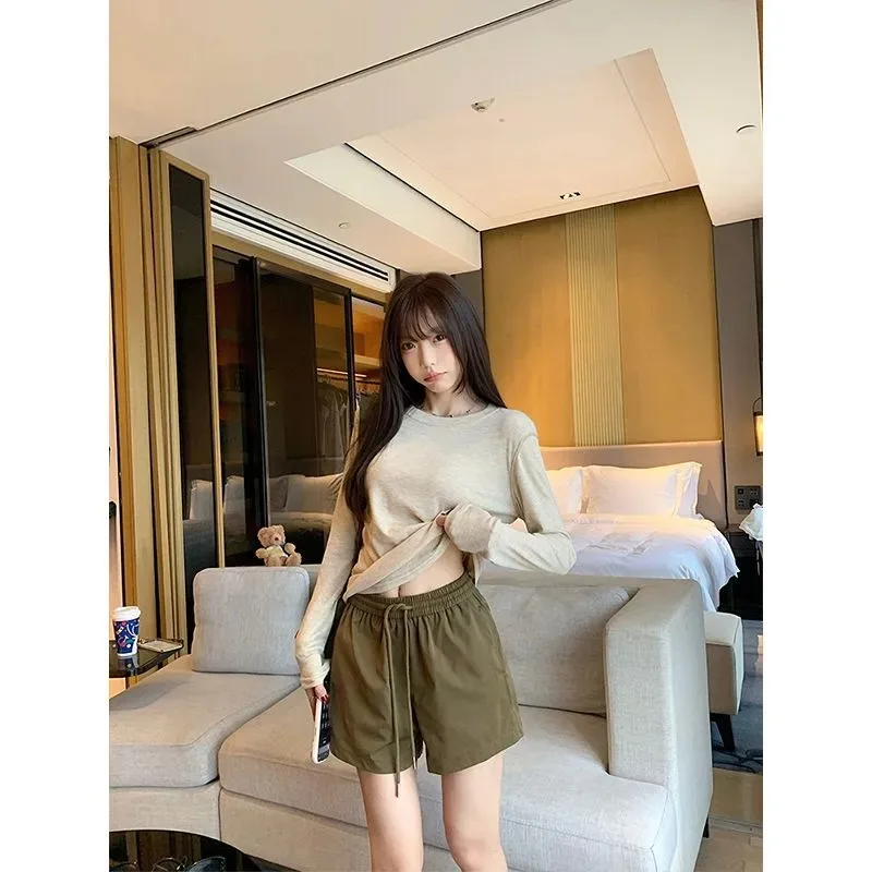 Women Solid Color High Waist Drawstring Wide Leg Shorts Fresh Casual Sports Basic All Match Loose Short Pants