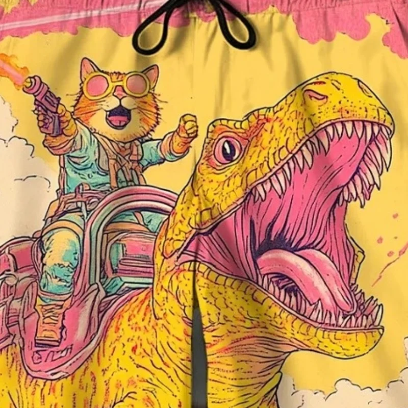 Colorful Men's Cat And Dinosaur Fantasy Art Print Shorts Boho Style Beach Drawstring Knee Length Bottoms Man Clothings Oversized