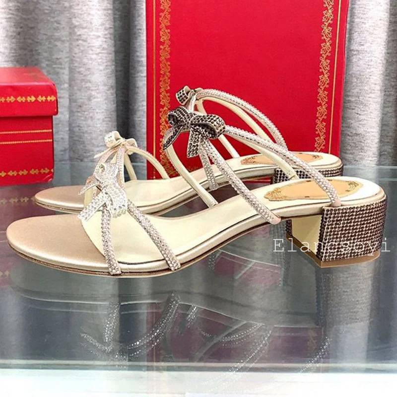 Zapatillas de verano con lazo de cristal ostentoso para mujer, sandalias de tacón grueso con banda estrecha y diamantes de imitación, zapatos de hadas versátiles para mujer