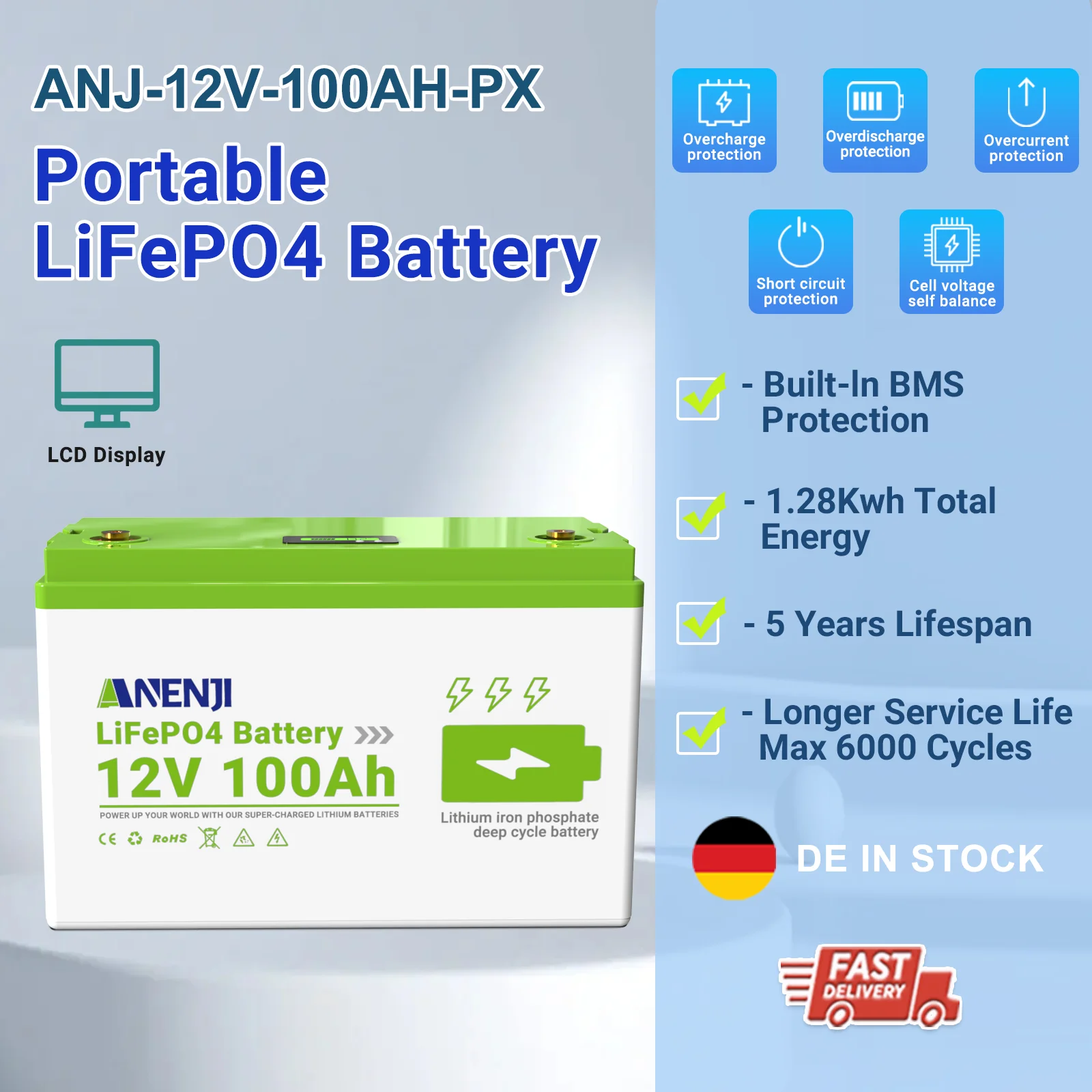 ANENJN baterai Lifepo4 12V, baterai surya 100AH paket baterai Lithium bawaan BMS 6000 siklus untuk penyimpanan energi rumah