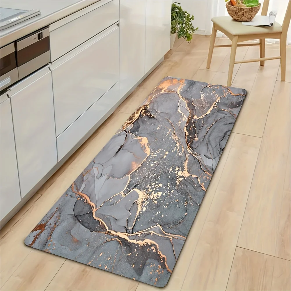 Luxuriöser Grau-Gold Marmor Küchenteppich Flanell Rutschfester Langer Küchenläufer 50x150cm Weicher Waschbarer Abstrakter Tinten-Bodenmatte
