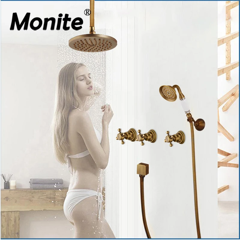 Monite Luxury Bathroom Shower Set Antique Brass With Rainfall Square Top-Spray And Shower Head Faucet Hot Cold Water Mixer Taps