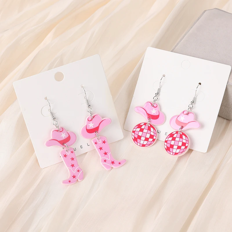 1 Pair Fishon Disco Charms Women Drop Earrings Acrylic Pink Cowboy Hat Boots Jewelry For Festival Birthday Gift Charms