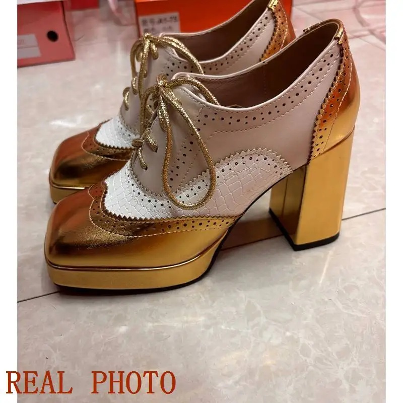 ORCHA LISA Shiny Fashion Women Pumps Square Toe Chunky Heels 9.5cm Platform 2cm Lace Up Mixed Color 44 45 46 47 48 Dating Shoes