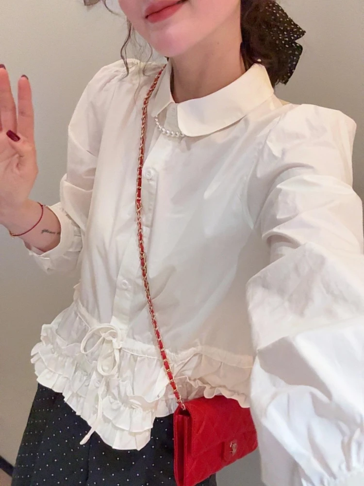 

Women Shirt Peter Pan Collar Lace Up Waisted Spliced Ruffle Lady Tops Spring Summer Solid Fashion Long Sleeve Blouse