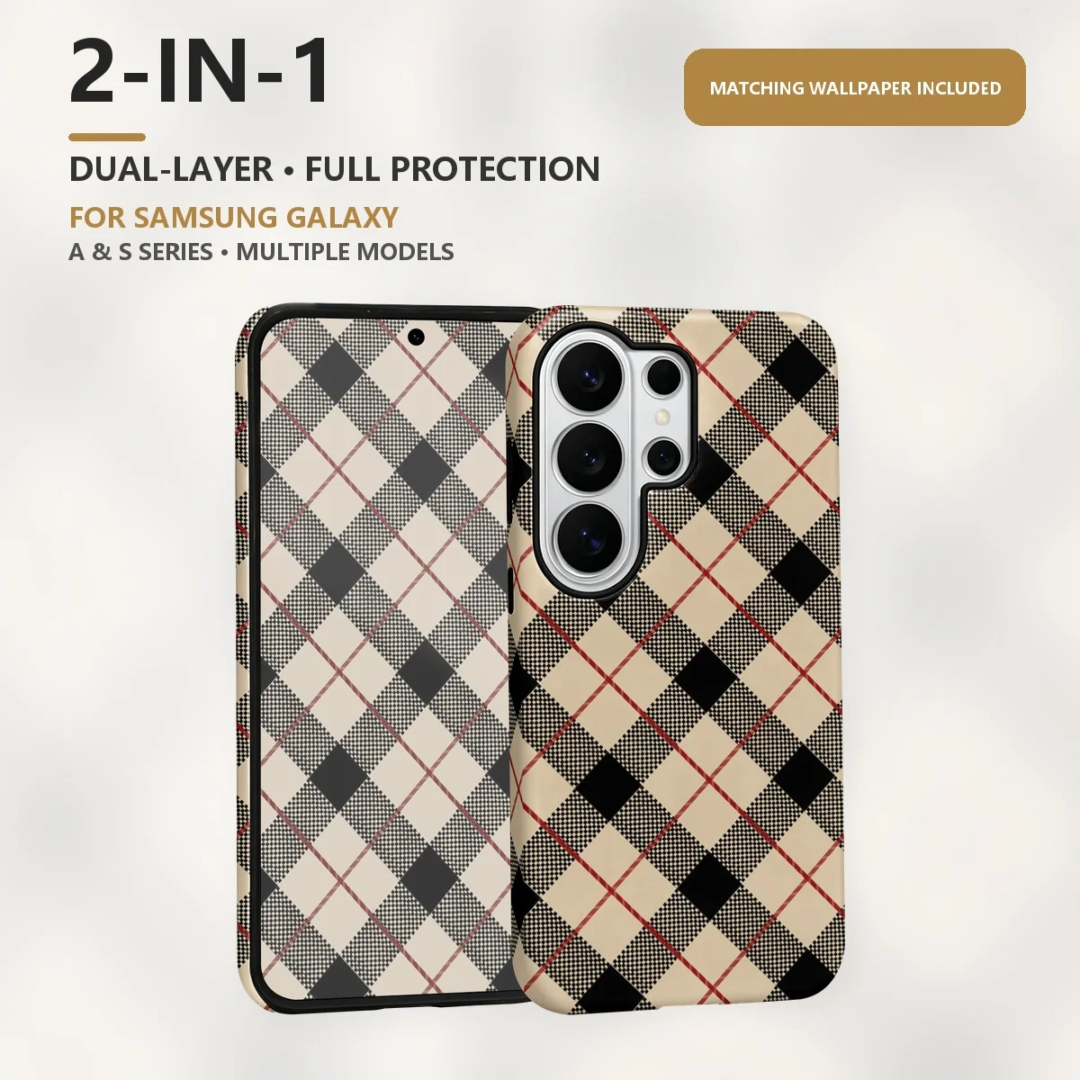Beige Black Red Plaid 2-in-1 Dual-Layer Phone Case for Samsung Galaxy S26 S25 S24 Plus Ultra FE S20 FE A56 A17 A16 A15