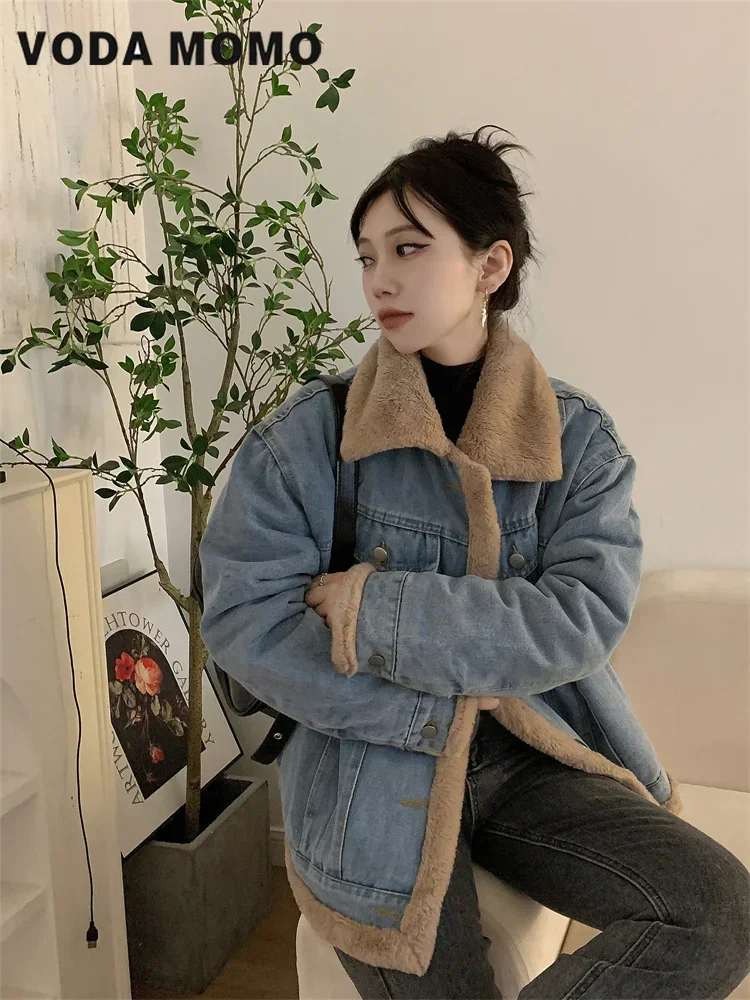 Winter Loose Casual Warm Jeans Coats Wear Fur Collar Long Sleeves Female Clothes Fleece Thicken Fashion Retro Denim Jacket Women