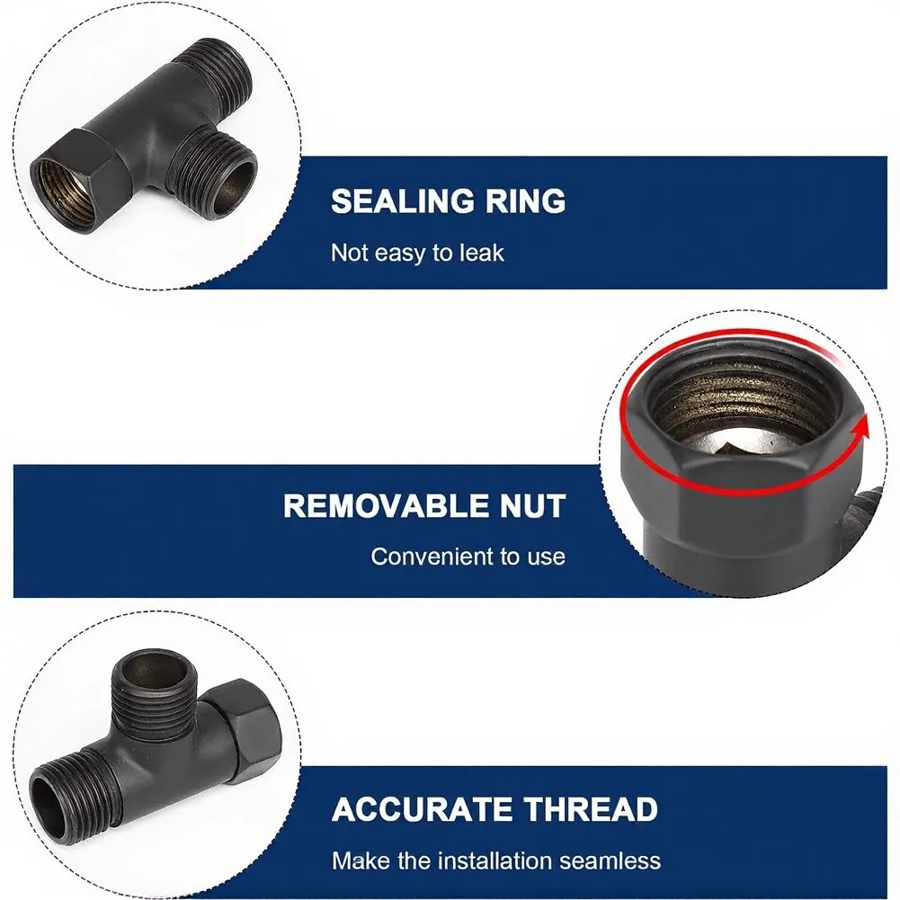 Black Solid Brass T Style 3-Way Shower Diverter Valve G1/2 Female Inlet Two G1/2 Male Outlets for Dual Shower Head Applications