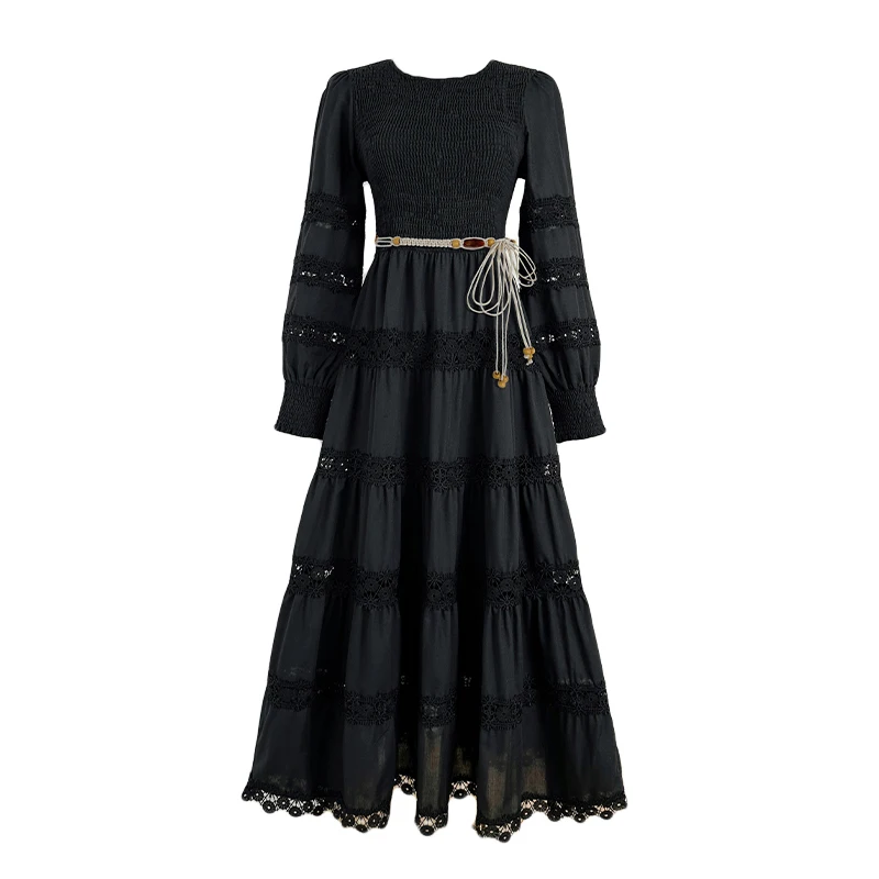 Elegant Long Maxi Dresses Women Summer 2025 Spring Full Sleeve Embroidery Lace Stretchy Top Hollow Out Evening Party Vestidos