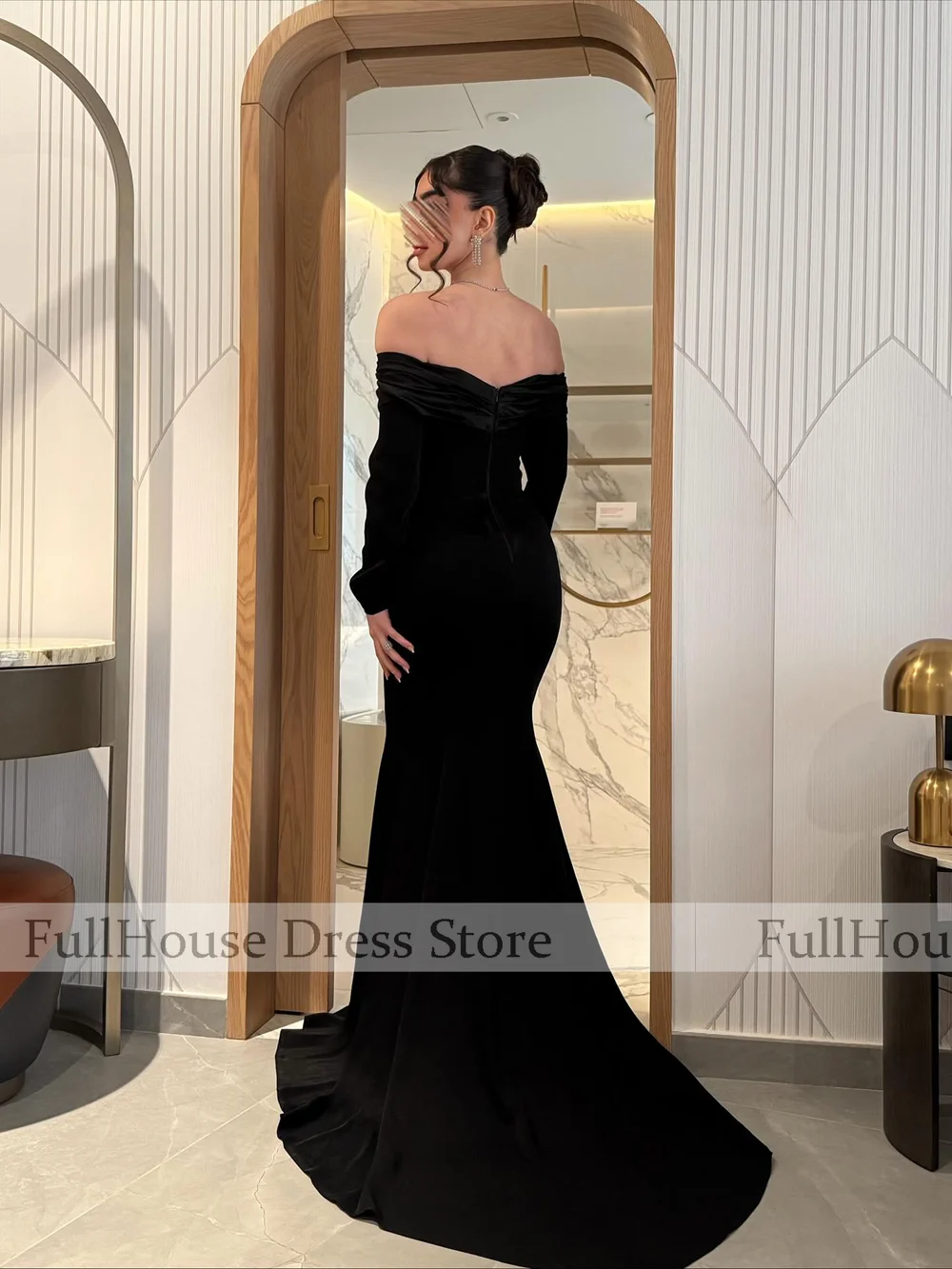 العرف الأسود قبالة الكتف كم طويل مطوي ثوب مسائي قطار عارية الذراعين حورية البحر مثير ماكسي فستان عربي سعودي مع الدانتيل