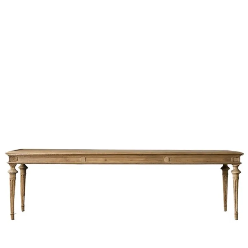 

French country retro furniture simple rectangular dining table, American oak solid wood carving flower dining table and chair