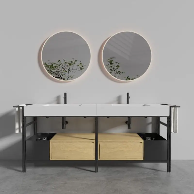 

72-дюймовый туалетный столик для ванной комнаты с отдельной раковиной, металлическим каркасом, акцентами из теплого дерева, бесшовными легко чистящимися столешницей из искусственного камня, KD