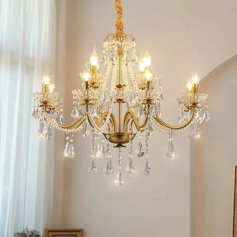 

French light luxury crystal living room chandelier antique pearl lamp American retro villa dining room bedroom atmosphere lamp
