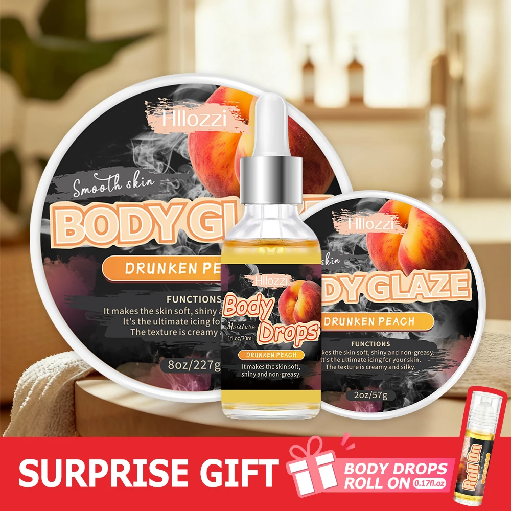 30 ml/1 fl oz Body Drops, plus 2 oz/57 g or 8 oz Body Glaze, and a complimentary 5 ml/0.17 g body Roll-on, with a peach scent.