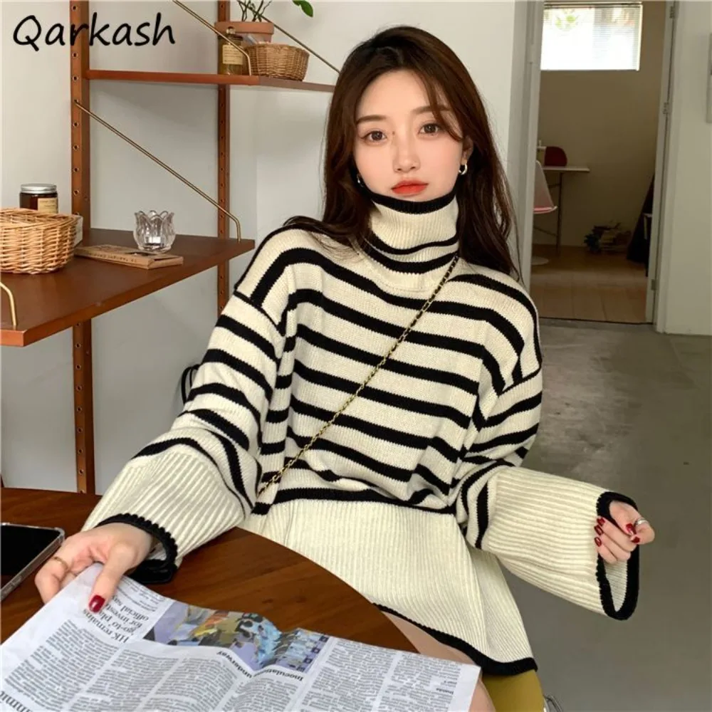 

Turtleneck Sweaters Women Gentle Soft Elastic Knit Autumn Ulzzang Striped Designed All-match Pullovers Korean Fashion Harajuku