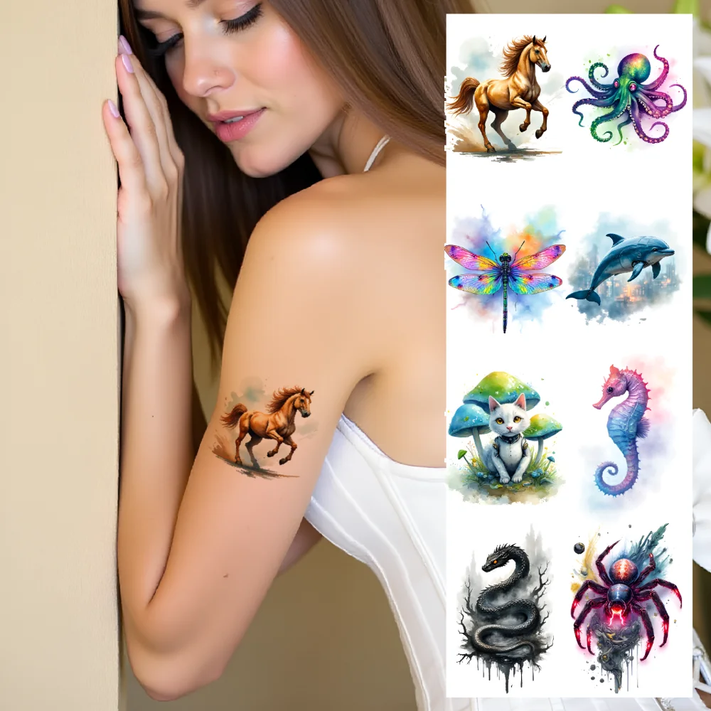 

28pcs Arm Waterproof Temporary Tattoo Horse Snake Dog Watercolor Octopus Semi-Permanent Fake Tattoo Body Arm Tattoo Stickers