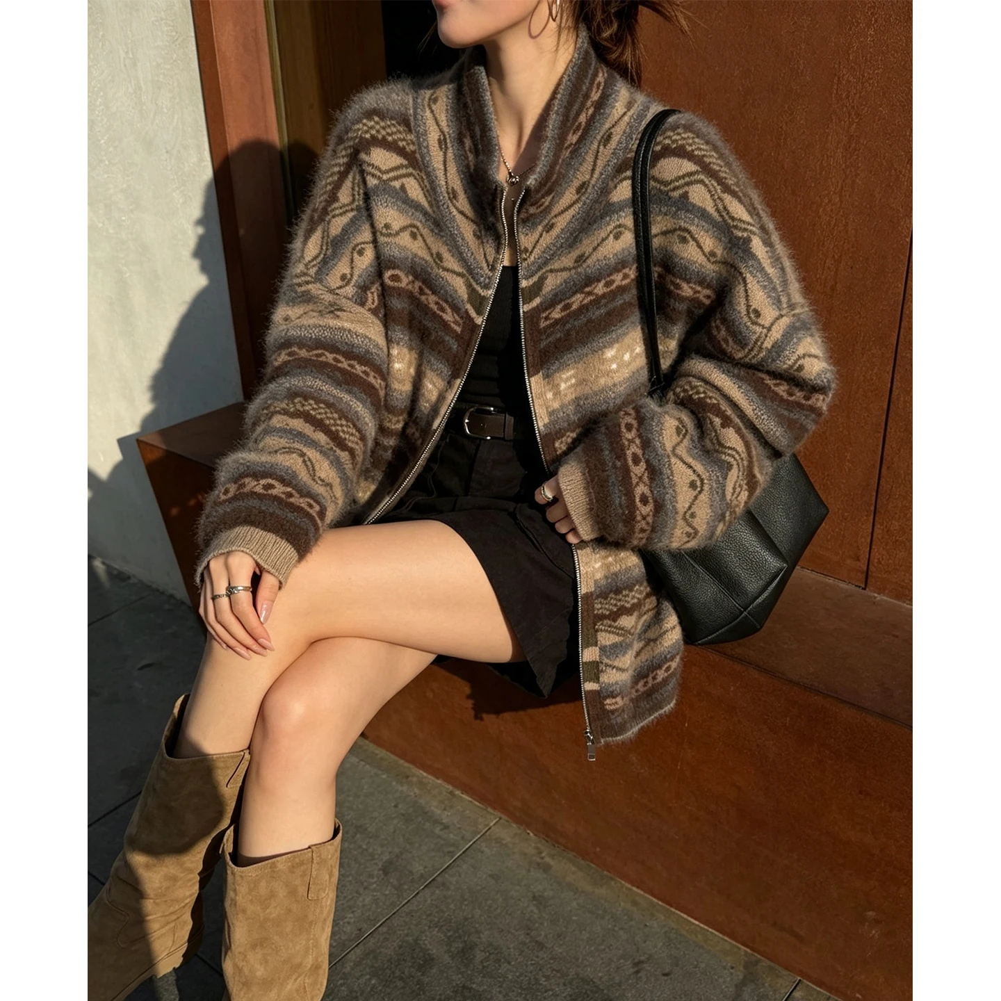 Fall/Winter 100% Pure Wool Cardigan Thick Cashmere Sweater Simple high Neck Jacquard Knitted Jacket