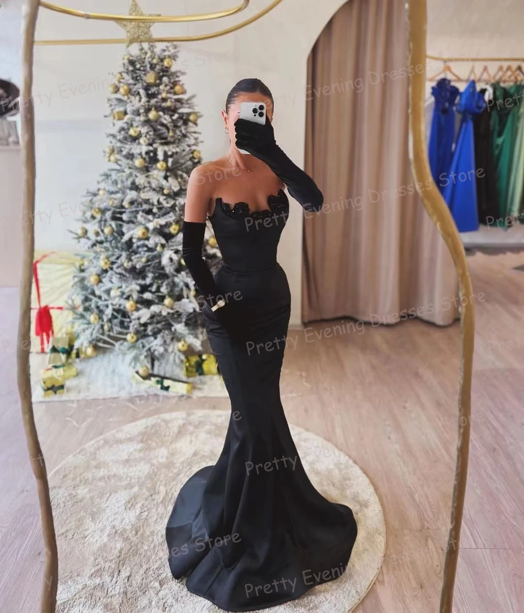 Boat Neck Appliques Evening Dresses Woman's Mermaid Sexy Count Train Prom Growns Sleeveless Satin Formal Party Vestido Gloveless