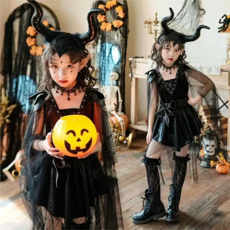 Halloween Children Witch Style Cosplay Costume Girls Stage Performance Girls' Runway Show Costume Vampire Night Elf ClothesZI319