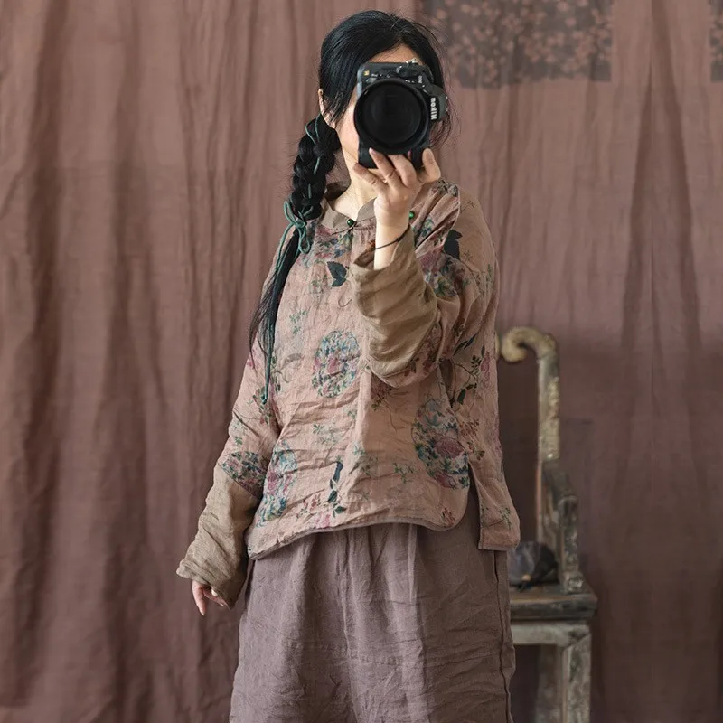 

Ретро Willow Le Fraant Cloud Шелковый принт Легкий льняной асимметричный воротник Лоскутный топ Художественный маленький утюг