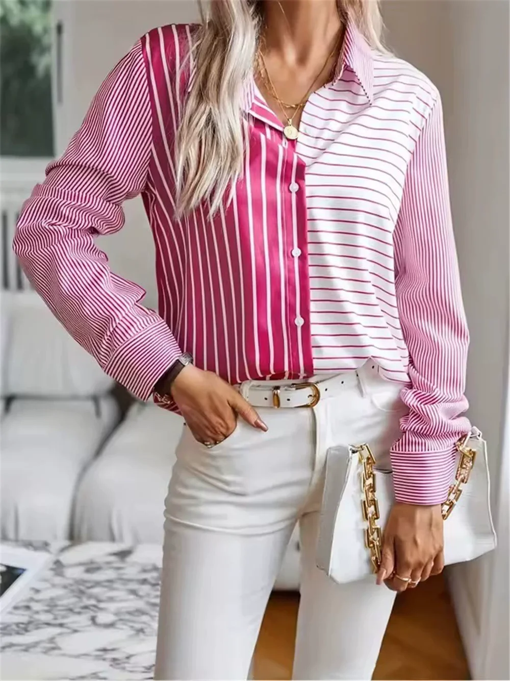 

Fashion Streetwear Women Striped Shirts All Season Long Sleeve 3d Printed Trend Ladies Blouse 3XL Large Size Casual Shirt