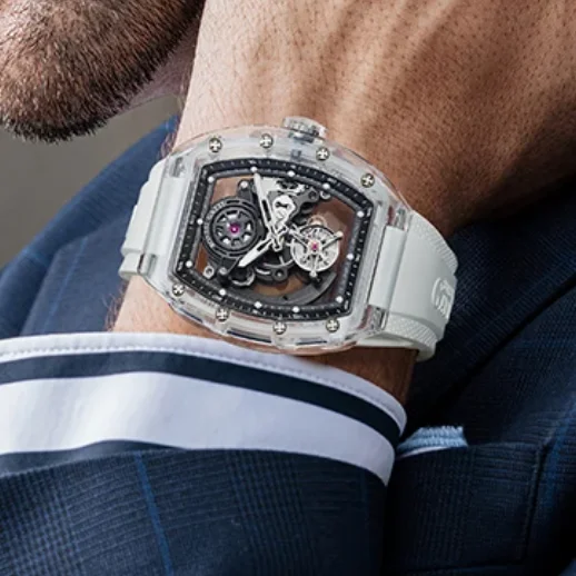 BONEST GATTI Men Automatic Watch 45mm Tourbillon Tonneau Mechanical Wristwatch Acrylic Case Skeleton Dial Luminous