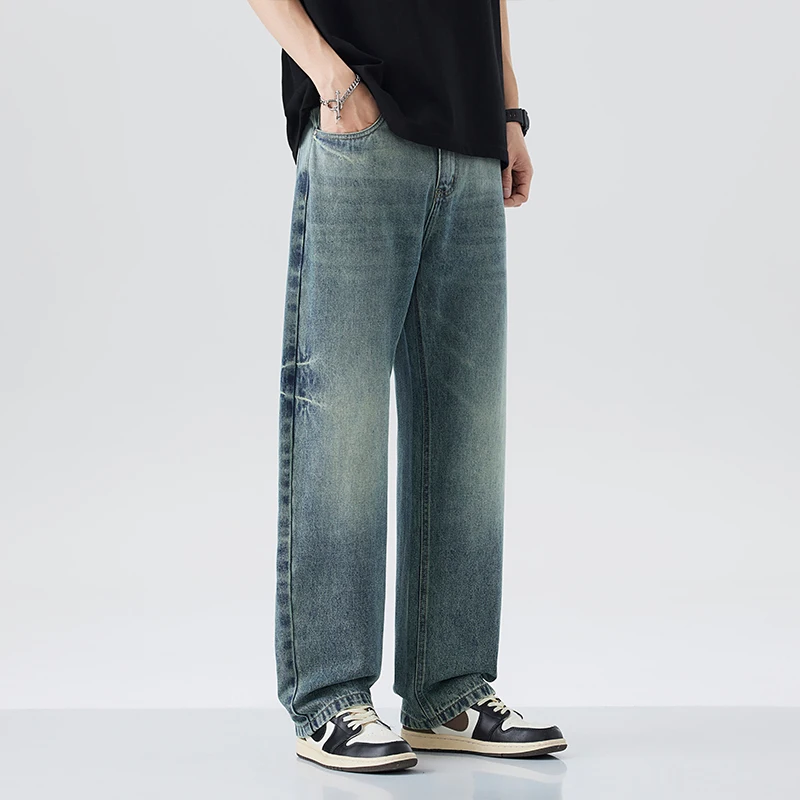 

2025 summer new jeans men's loose straight tube soft denim pants fashionable retro solid color distressed comfortable denim pant