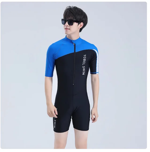 Men UV Protection Short Sleeve WaterProof Outdoor Sport Beach Surfing SwimWear UPF50+Quick-Dry Bathing Front Zipper Bathing Suit
