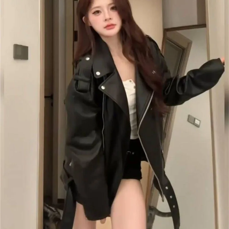 

Advanced Retro Black Leather Jacket for Women 2026 Spring Autumn New Loose Versatile Temperament Motorcycle Leather Coat