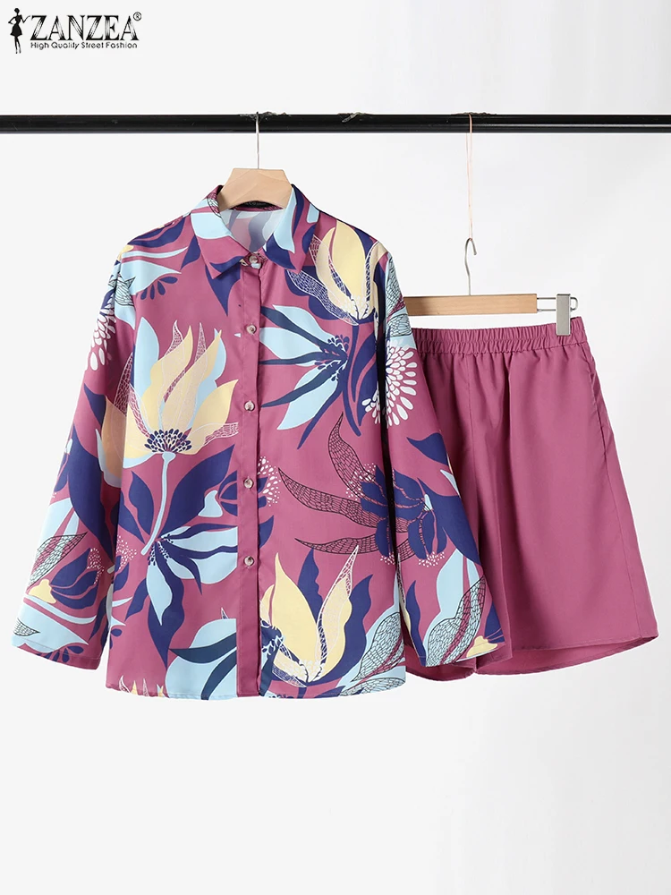 Bohemian Holiday 2024 Beach Matching Sets Women 2PCS Short Sets ZANZEA Fashion Printed Shirt Outfits Casual Solid Short Suits