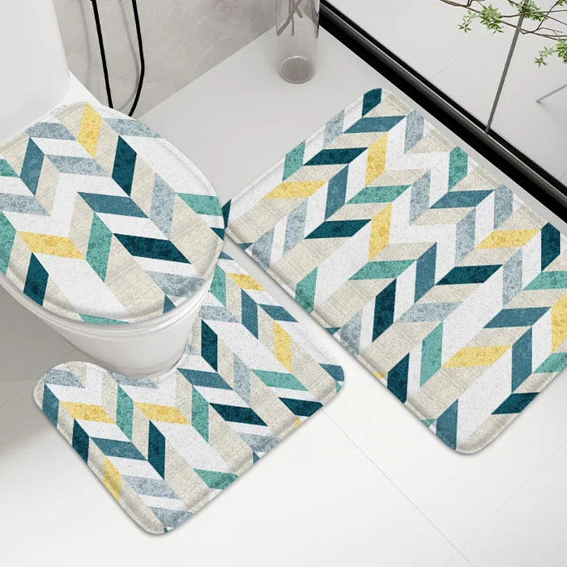 

3pcs Geometric Design Bathroom Set U Type Lid Cover Absorbent Flannel Mat Non Slip Floor Covering